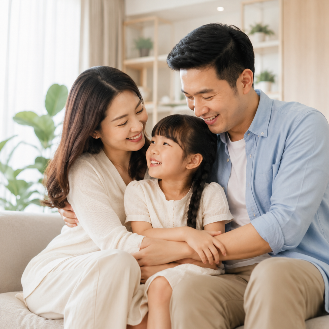 Parents sitting with their daughter