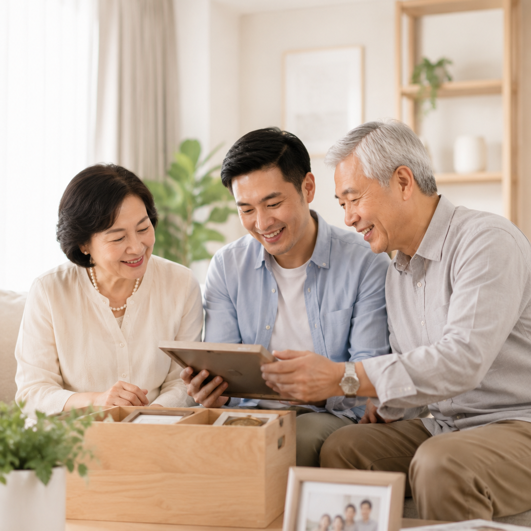 Family reviewing memories and documents together